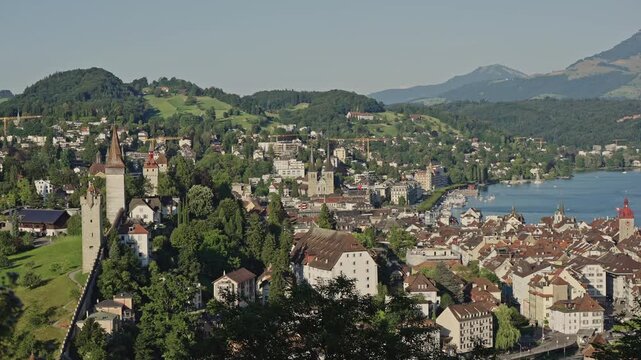 Panoramic View of Lucerne Old Town with Musegg Wall Towers and Lake Lucerne