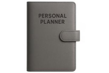 Gray personal planner with leather cover and strap closure isolated on transparent background, perfect for scheduling and organization