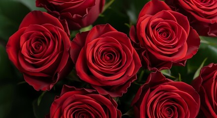 Close up of deep red roses with dark green foliage background flowers floral