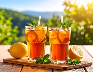 Two glasses of iced tea with lemon and mint, on a wooden board outdoors