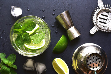 Mojito - cold summer lemonade with lime and mint .Top view with copy space.