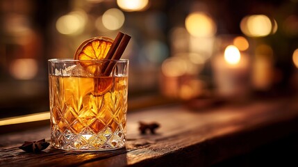 Autumn Spiced Cocktail with Cinnamon and Orange on a Rustic Bar