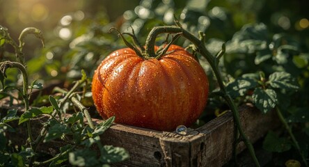 Close up of a ripe heirloom tomato with water droplets on a wooden surface in a garden setting