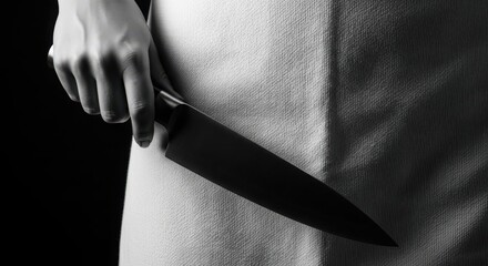 A hand holds a sharp knife against a white apron in a dark kitchen environment ready for food preparation