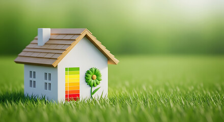 Eco-friendly house model showcasing energy efficiency with a sustainable flower detail set in a