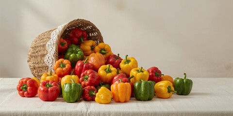 A wicker basket tipped over with a colorful assortment of bell peppers spilling onto a white surface