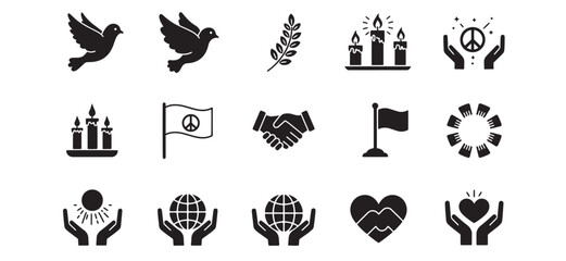 Collection of simple black and white icons representing peace and harmony themes