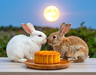 Two rabbits nuzzle over mooncake, full moon backdrop