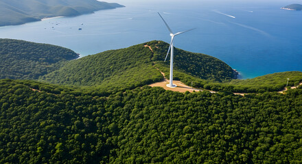 Wind turbine on a lush green hillside by the sea promoting sustainable energy solutions and