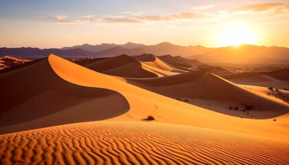 Vast brown sand dunes bathed in warm sunrise light, stretching across a desert mountain range, showcasing natural beauty, tranquility, and the vastness of the arid landscape.
