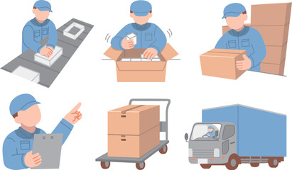 製造した荷物を運ぶ作業着姿の男性のイラスト素材