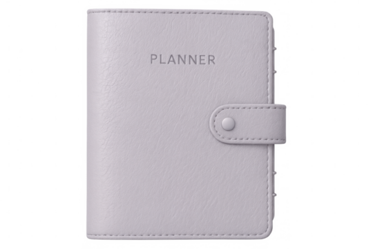 Lavender leather planner featuring snap closure, lying flat against transparent background, highlighting elegant organizational accessory with clean minimalist design