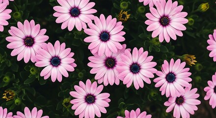 Close up of pink African daisies with dark blue centers and green foliage African daisy Osteospermum