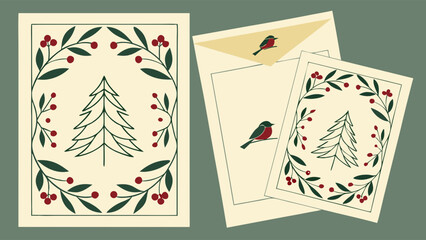 Christmas Card Design with Fir Tree and Berries.