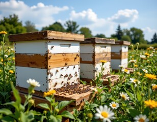 Naklejka premium smart beehives equipped with sensors monitor colony health and activity levels ensuring effective pollination in crop fields and supporting biodiversity in modern farming ecosystems