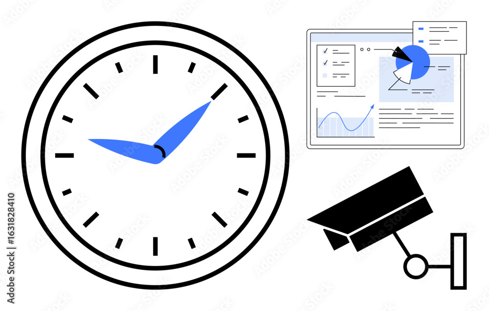 Poster analog clock, security camera, and data dashboard with chart and pie graphic. ideal for time, monito