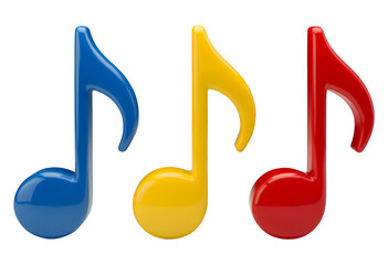 Fototapeta na wymiar Glossy Blue Yellow Red Musical Notes on Transparent Background, 3D Realism Design Element