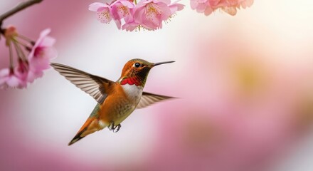 A rufous hummingbird in flight gracefully approaches the delicate pink cherry blossoms in the springtime sunshine