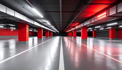 Fototapeta premium Empty Parking Garage Interior with Red Columns and Gray Floor