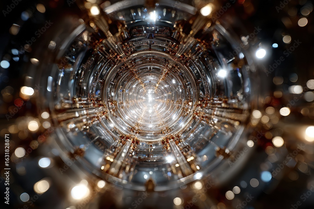 Poster light reflects through glass structures in a modern technology setup