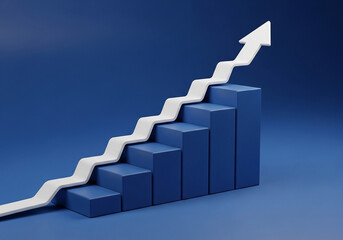 Photo of an upward trending arrow climbs a staircase representing business growth and financial success in the market