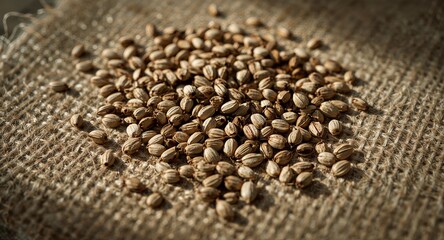 A close up shot of a pile of coriander seeds on a burlap sack in a well lit environment