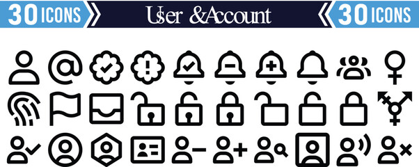 Modern user and account management interface, 30 icons and elements