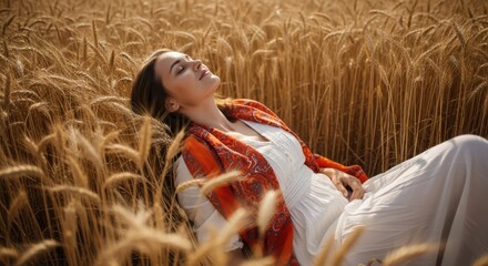 Young woman in white dress lying in a golden wheat field enjoying the warm summer sun and the beauty of nature