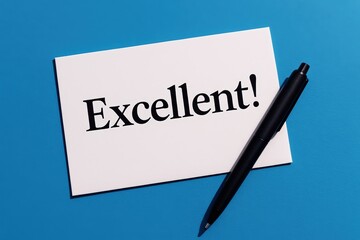 Bright blue backdrop displays an elegant, minimal note card stating "Excellent!" accompanied by a sleek black pen, symbolizing success and achievement.