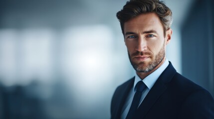 A professional man in a dark suit and white shirt with a tie, neatly styled light brown hair and facial stubble,