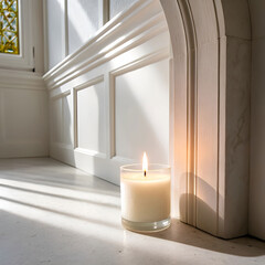 "A Single Candle Burns with a Soft, Gentle Glow in a Quiet White Room, Casting Warm Shadows on Pale Walls, Evoking Solitude