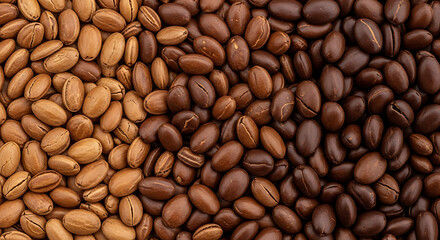 Close-up capture showcasing the variation in roasted coffee beans, demonstrating different levels