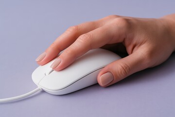 Elegant hand navigating white mouse presents technology's simple interface on a soft purple background, invoking modern computing and sleek digital design.