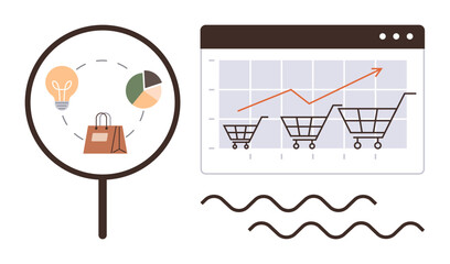 Magnifying glass highlighting shopping bag, pie chart, and light bulb growth graph with shopping carts on browser window. Ideal for business strategy, analytics, e-commerce trends, growth, online