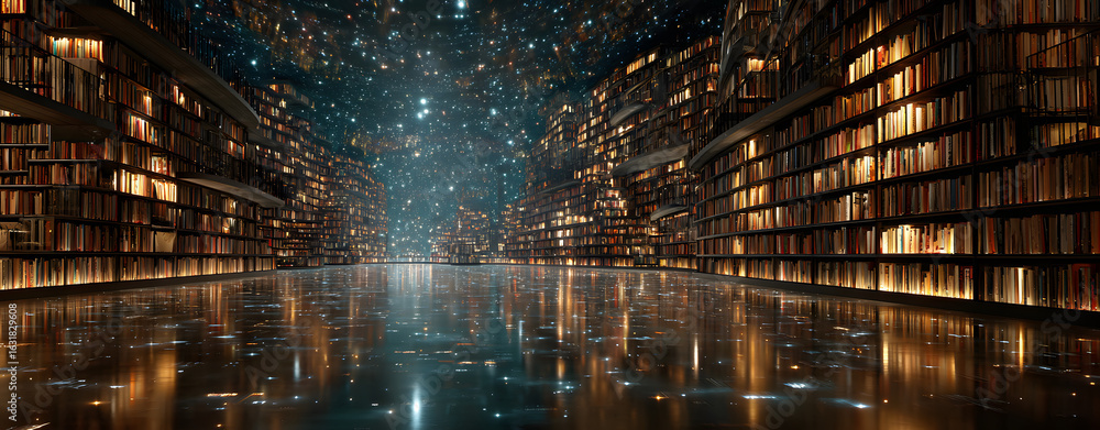 Poster a digital library of the future with endless bookshelves merging into a luminous virtual world, embo