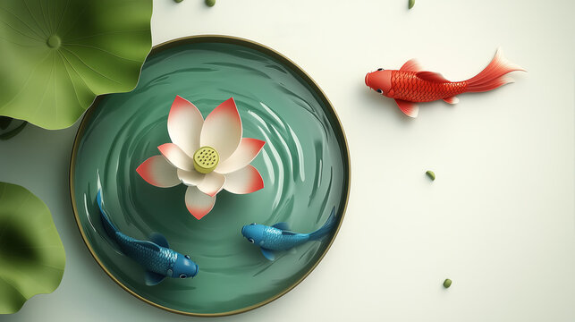 Serene Chinese Water Feature - Lotus & Koi Desktop Decor for Office Aesthetics & Zen Space
