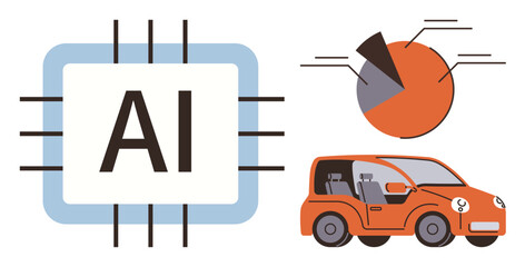 AI chip, self-driving car, pie chart highlighting data analysis, innovation in transportation. Ideal for AI, machine learning, tech advancement, analytics, automation smart mobility future tech