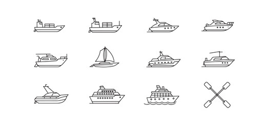 Vector icons of various boat types including yachts sailboats and paddle accessories