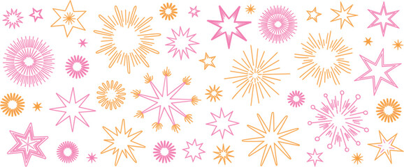 Pink and orange starbursts and star shapes scattered explosion firework