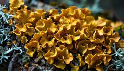 Vibrant yellow lichen growth on forest floor nature close-up serene environment macro view fungal diversity