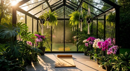 Sunlit modern greenhouse interior with a yoga mat and lush plants, creating a peaceful and natural space for wellness and meditation.