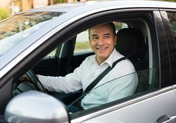 Confident Driver Smiling While Seated in a Car
