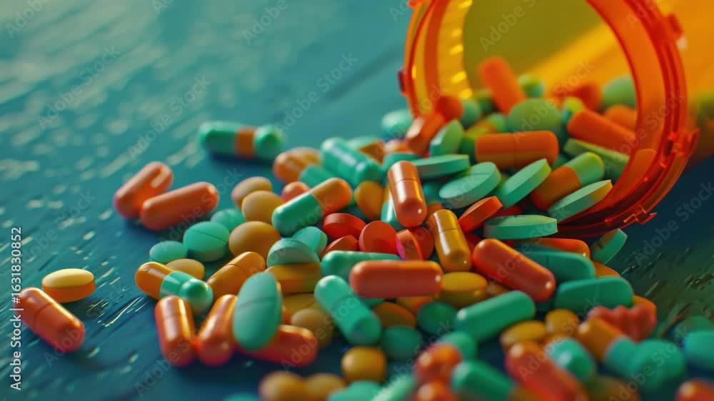 Poster a bottle of pills is open and scattered on a table. the pills are in various colors and shapes