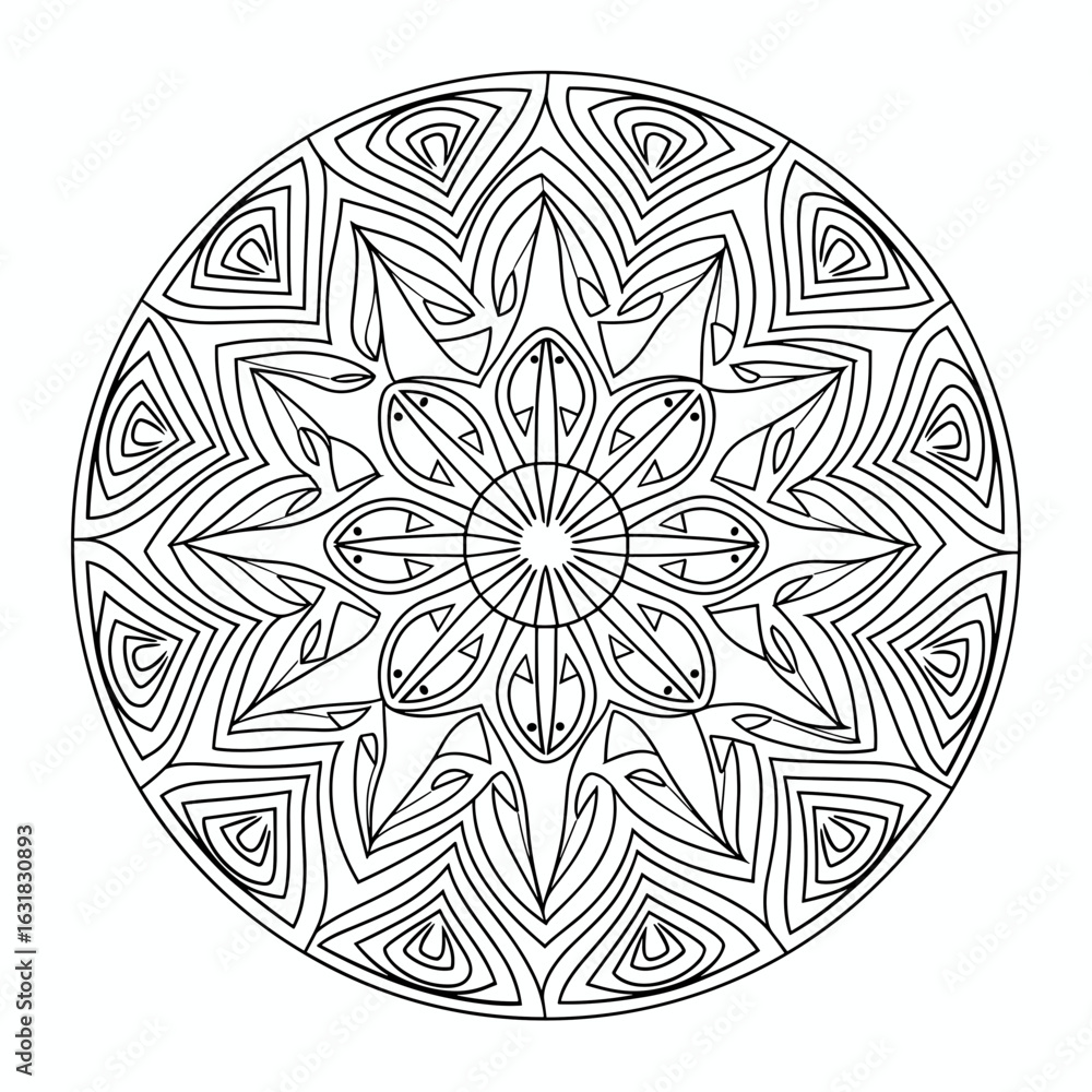 Poster mandala with spirals and triangles in a circular black and white design