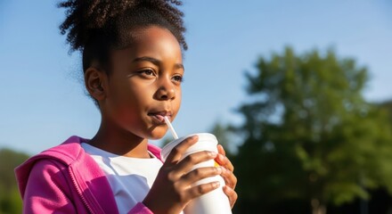 A cute african american girl is drinking from a cup with a straw in the park on a sunny day