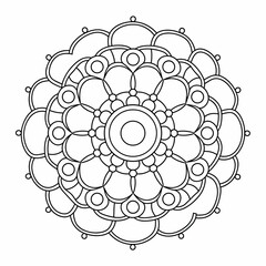 Mandala with concentric rings and curved lines in black and white