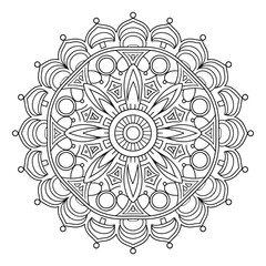 Black and white mandala with detailed circles, triangles, and dots