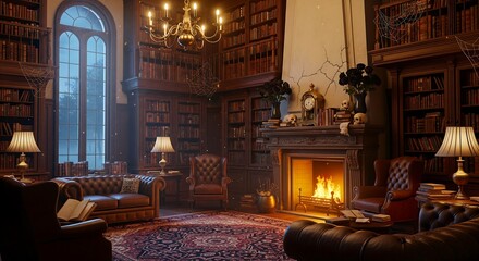 Vintage Halloween-themed library with a crackling fireplace, cozy leather armchairs, and skulls, creating a mysterious, spooky atmosphere at night.