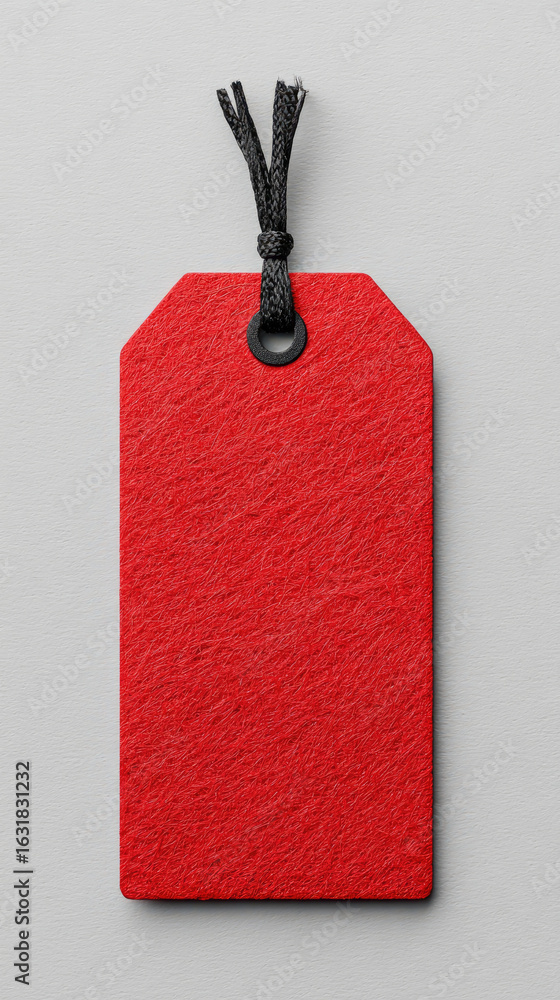 Poster red textured tag with black string on gray background for sale