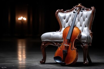 Elegant violin resting on an antique chair in a dimly lit room